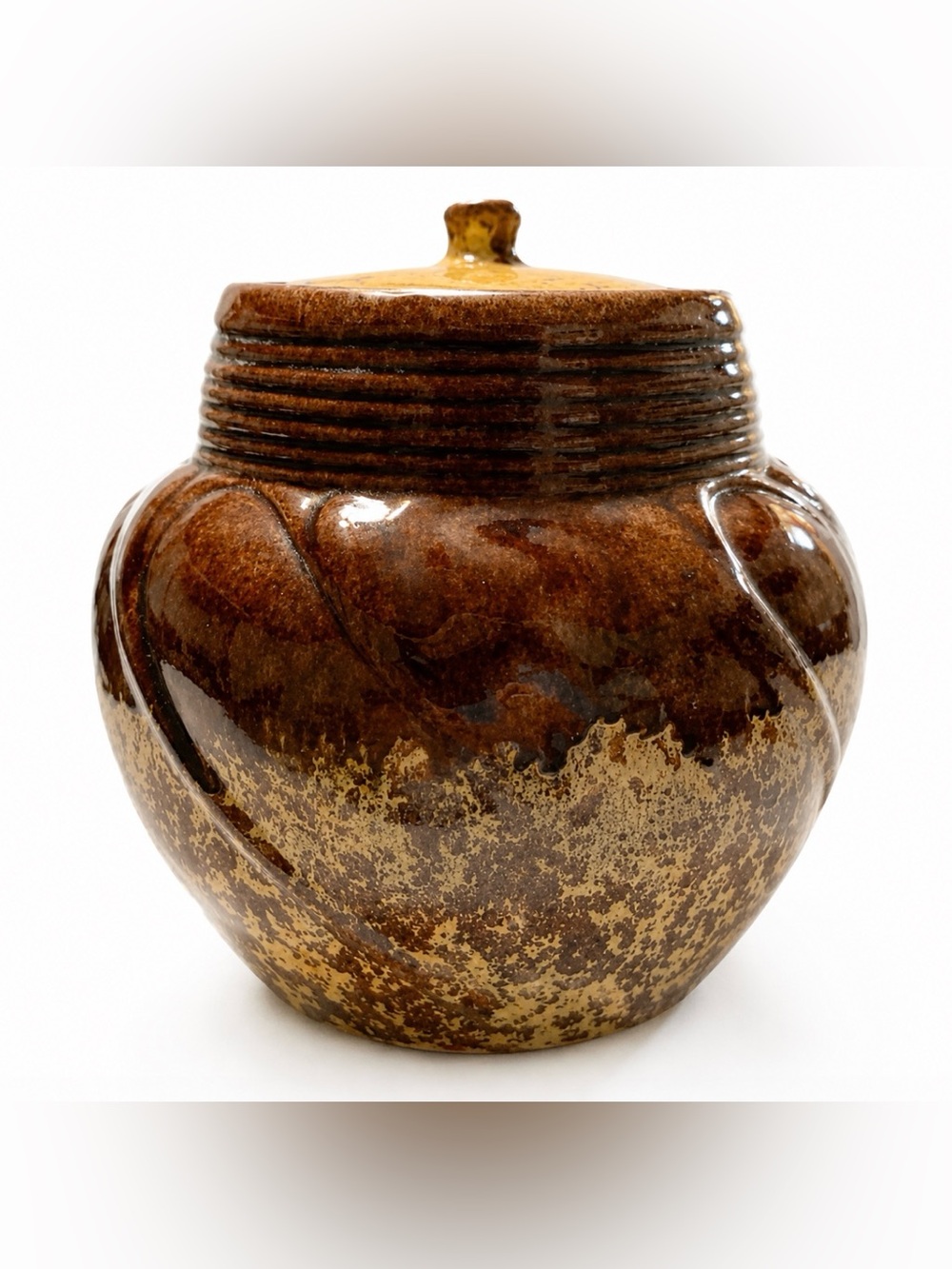 Gonder 8.5" Yellow & Brown Drip/Sponge P-24 U.S.A Swirl Round Cookie Jar Vintage